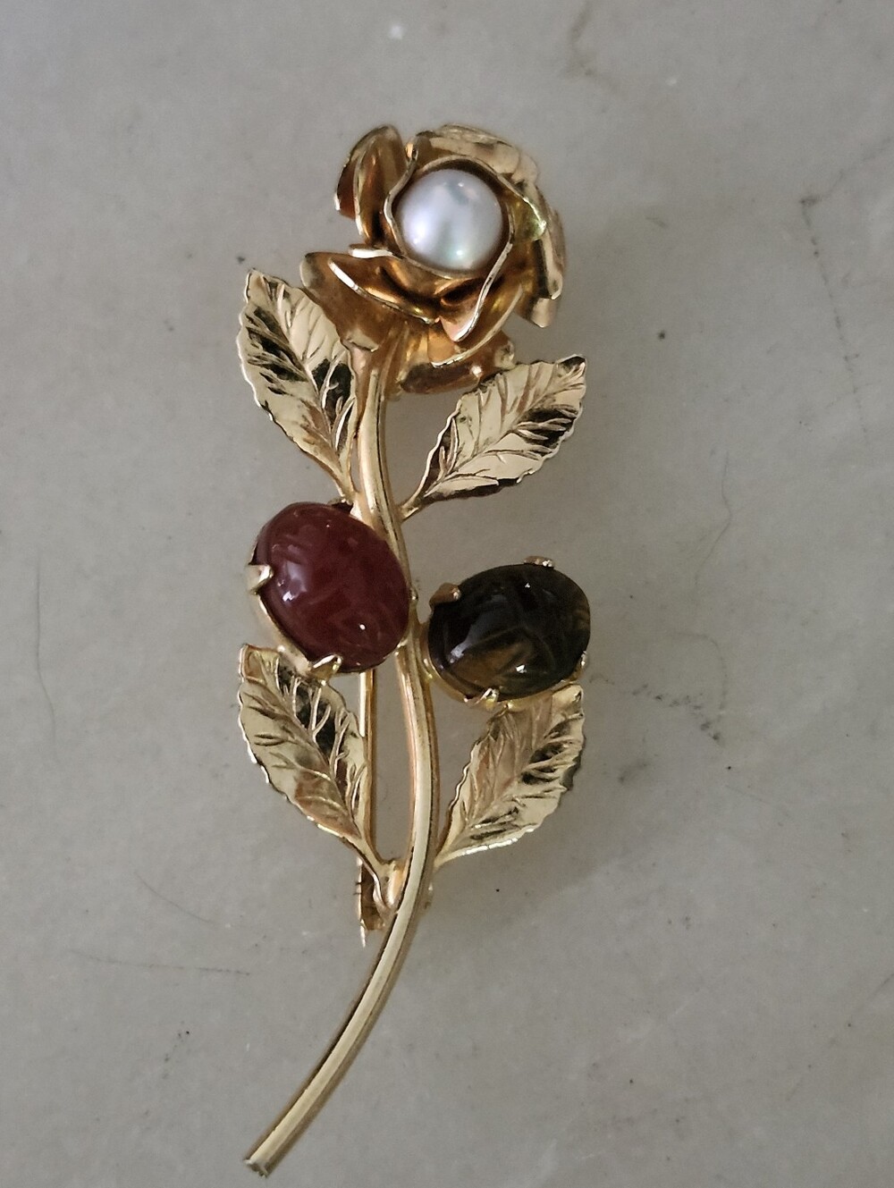 Vtf Gold Tone  Rose Brooch with Faux Pearl and Red & Green Stones